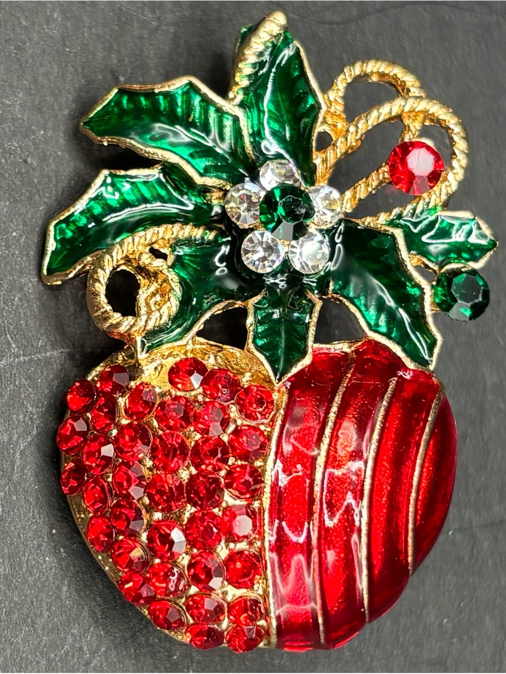 Vintage Red Apple Christmas Brooch Pin Enamel Rhinestone Holly Holiday Fruit